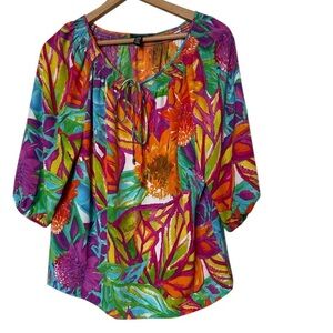 Lauren Ralph Lauren Colorful Tropical‎ Print Peasant Plus Top 1X EUC